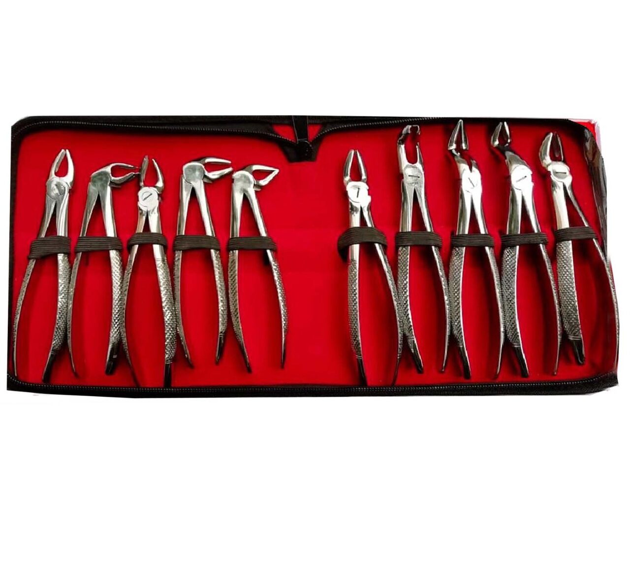 silver extraction forceps in black and red pouch